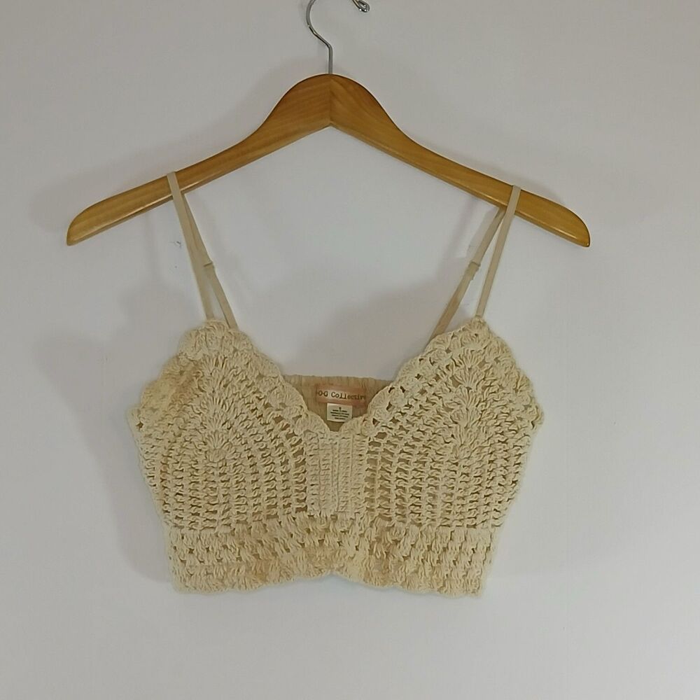 BOG Collective Tan Crochet Crop Top Boho Y2K Festival Top Small Stretch Festival